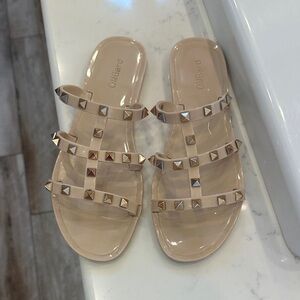 Beige Studded Slide Sandals - Women's Nude Patent Slides